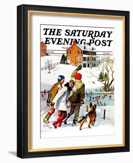 "Ice-Skating in the Country," Saturday Evening Post Cover, December 1, 1971-John Falter-Framed Giclee Print