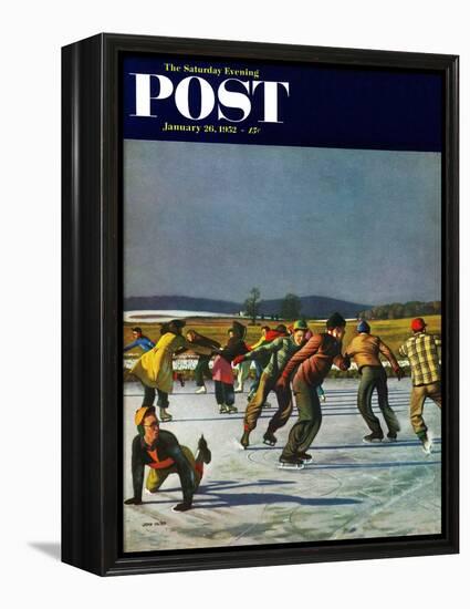 "Ice Skating on Pond" Saturday Evening Post Cover, January 26, 1952-John Falter-Framed Premier Image Canvas