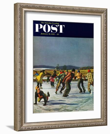 "Ice Skating on Pond" Saturday Evening Post Cover, January 26, 1952-John Falter-Framed Giclee Print