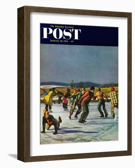 "Ice Skating on Pond" Saturday Evening Post Cover, January 26, 1952-John Falter-Framed Giclee Print