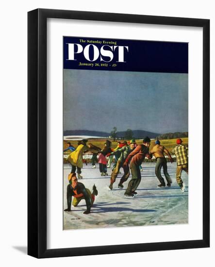 "Ice Skating on Pond" Saturday Evening Post Cover, January 26, 1952-John Falter-Framed Giclee Print