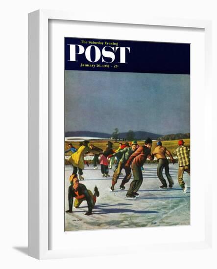 "Ice Skating on Pond" Saturday Evening Post Cover, January 26, 1952-John Falter-Framed Giclee Print