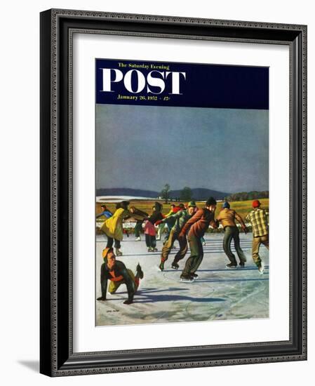 "Ice Skating on Pond" Saturday Evening Post Cover, January 26, 1952-John Falter-Framed Giclee Print