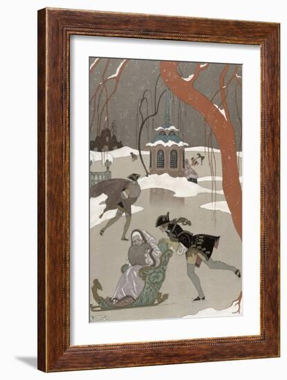 Ice Skating on the Frozen Lake, Illustration For Fetes Galantes by Paul Verlaine-Georges Barbier-Framed Giclee Print