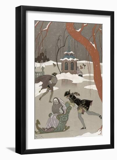 Ice Skating on the Frozen Lake, Illustration For Fetes Galantes by Paul Verlaine-Georges Barbier-Framed Giclee Print