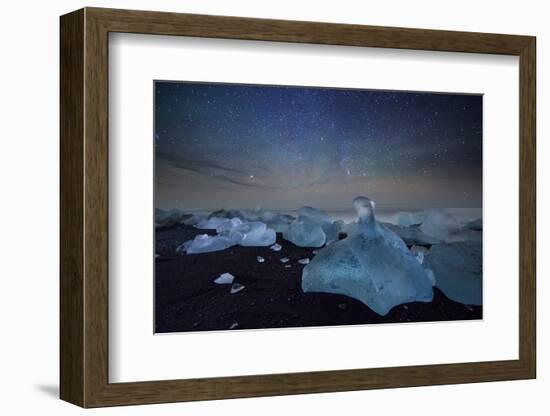 Iceberg on Black Sand Beach with Dramatic Sky-Alex Saberi-Framed Photographic Print