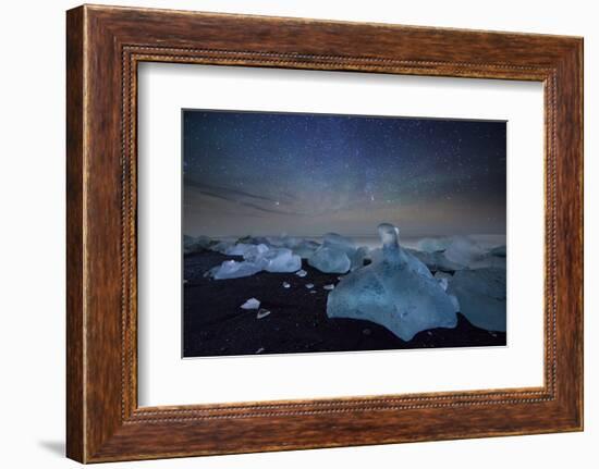 Iceberg on Black Sand Beach with Dramatic Sky-Alex Saberi-Framed Photographic Print