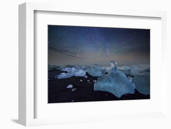 Iceberg on Black Sand Beach with Dramatic Sky-Alex Saberi-Framed Photographic Print