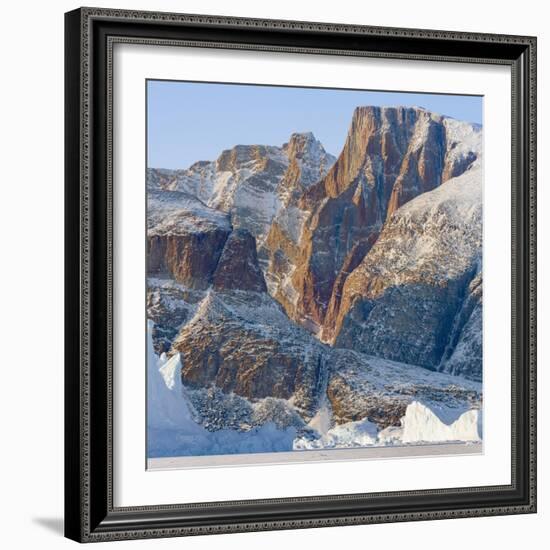 Icebergs in front of Appat Island, frozen into the sea ice of the Uummannaq fjord. Greenland-Martin Zwick-Framed Photographic Print