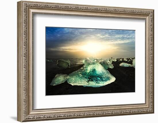 Icebergs on a black sand volcanic beach next to the Jokulsarlon glacial lake in Vatnajokull Nationa-Alex Robinson-Framed Photographic Print