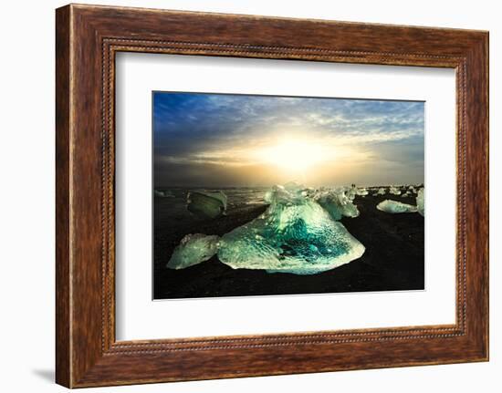 Icebergs on a black sand volcanic beach next to the Jokulsarlon glacial lake in Vatnajokull Nationa-Alex Robinson-Framed Photographic Print