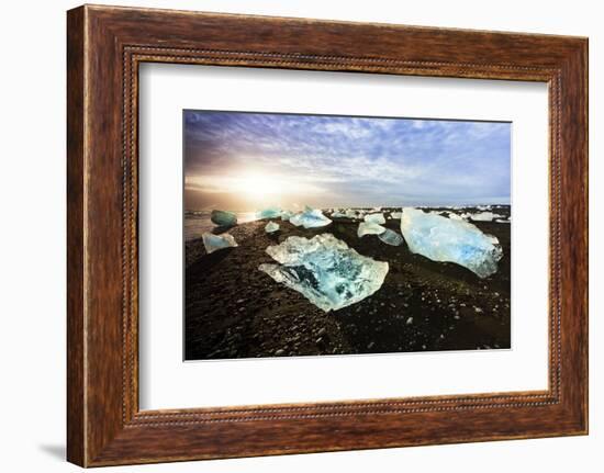 Icebergs on a black sand volcanic beach next to the Jokulsarlon glacial lake in Vatnajokull Nationa-Alex Robinson-Framed Photographic Print