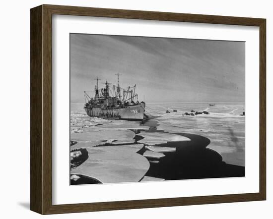 Icebreaker in Frozen Sea Near Base on Antarctica-null-Framed Photographic Print