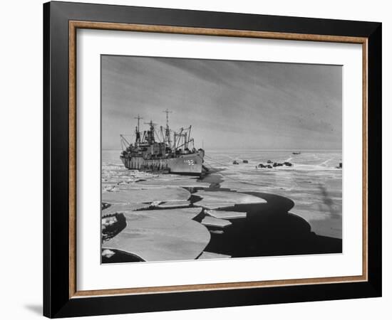 Icebreaker in Frozen Sea Near Base on Antarctica-null-Framed Photographic Print