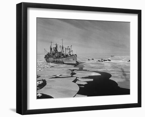 Icebreaker in Frozen Sea Near Base on Antarctica-null-Framed Photographic Print