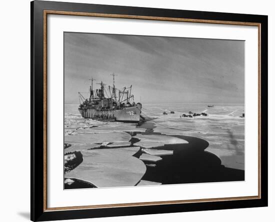 Icebreaker in Frozen Sea Near Base on Antarctica-null-Framed Photographic Print