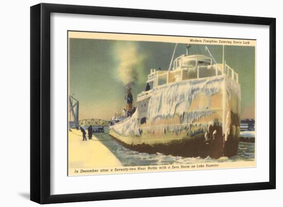 Iced Over Freighter, Davis Lock, Lake Superior, Michigan-null-Framed Art Print