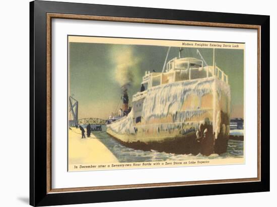 Iced Over Freighter, Davis Lock, Lake Superior, Michigan-null-Framed Art Print