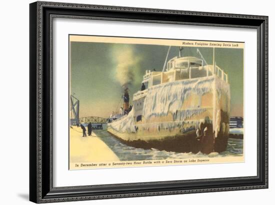 Iced Over Freighter, Davis Lock, Lake Superior, Michigan-null-Framed Art Print