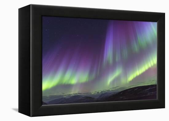 Iceland, Akureyri. The northern lights glow in unbelievable colors.-Ellen Goff-Framed Premier Image Canvas