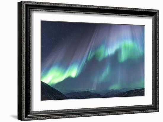 Iceland, Akureyri. The northern lights glow in unbelievable colors.-Ellen Goff-Framed Photographic Print