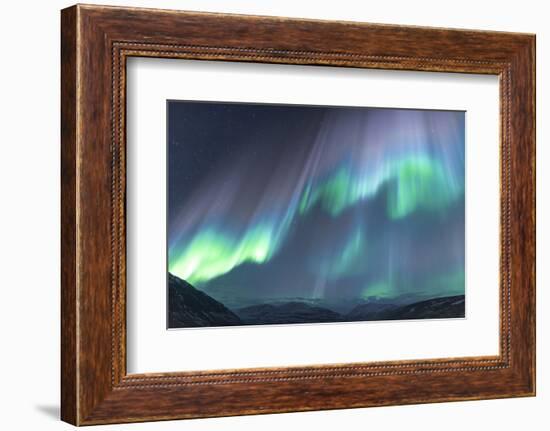 Iceland, Akureyri. The northern lights glow in unbelievable colors.-Ellen Goff-Framed Photographic Print