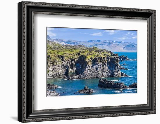 Iceland, Arnarstapi, basalt rock cliffs at the volcanic cliff coast of Arnarstapi on the Snaefellsn-Miva Stock-Framed Photographic Print