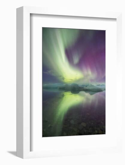 Iceland, Jokulsarlon. Aurora lights reflect in lagoon.-Josh Anon-Framed Photographic Print