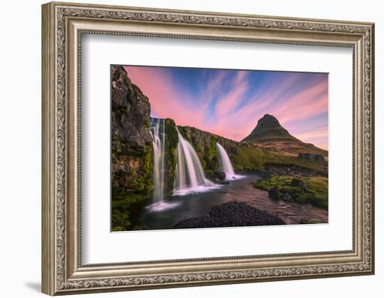 Iceland, Kirkjufellsfoss. Waterfall at sunrise.-Jaynes Gallery-Framed Photographic Print