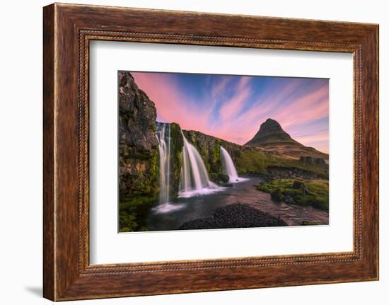 Iceland, Kirkjufellsfoss. Waterfall at sunrise.-Jaynes Gallery-Framed Photographic Print