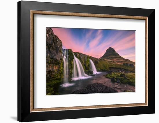 Iceland, Kirkjufellsfoss. Waterfall at sunrise.-Jaynes Gallery-Framed Photographic Print