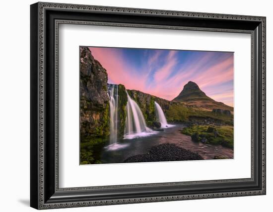 Iceland, Kirkjufellsfoss. Waterfall at sunrise.-Jaynes Gallery-Framed Photographic Print