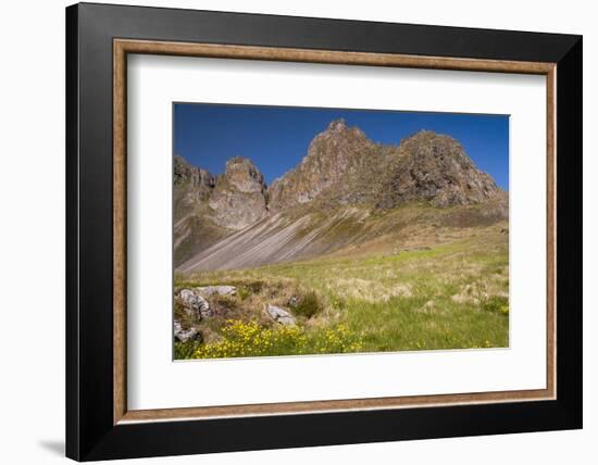 Iceland, Mountain peaks rise high above the coast.-Ellen Goff-Framed Photographic Print