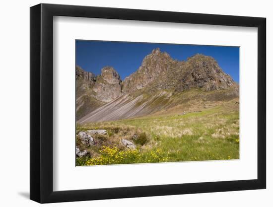 Iceland, Mountain peaks rise high above the coast.-Ellen Goff-Framed Photographic Print