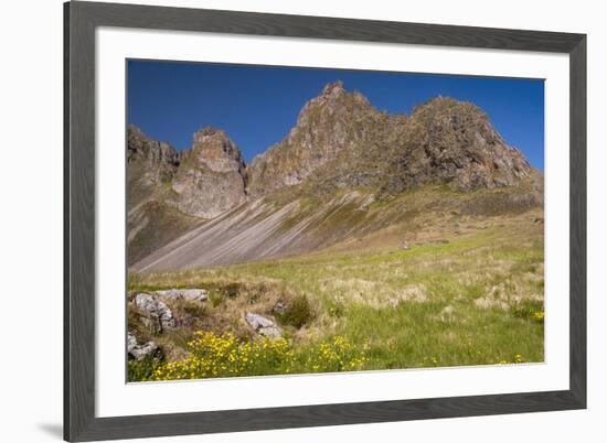Iceland, Mountain peaks rise high above the coast.-Ellen Goff-Framed Premium Photographic Print