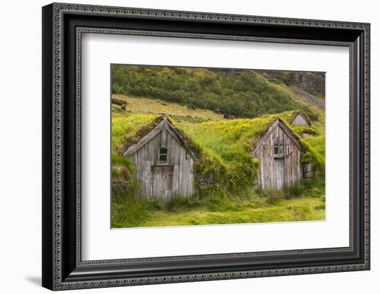 Iceland, Nupsstadur Turf Farmstead. Old homes covered with turf for protection and insulation.-Ellen Goff-Framed Photographic Print