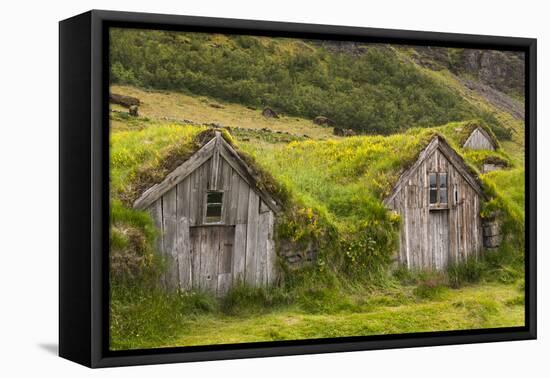 Iceland, Nupsstadur Turf Farmstead. Old homes covered with turf for protection and insulation.-Ellen Goff-Framed Premier Image Canvas