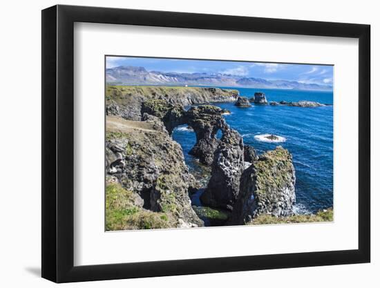 Iceland, rock formations of the west coast, Arnarstapi, Snaefellsjokull, Snaefellsnes Peninsula-Miva Stock-Framed Photographic Print