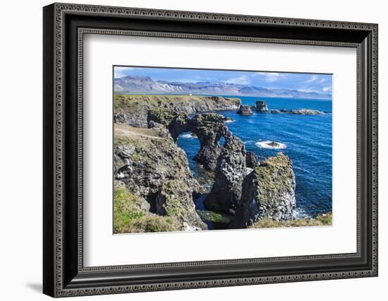 Iceland, rock formations of the west coast, Arnarstapi, Snaefellsjokull, Snaefellsnes Peninsula-Miva Stock-Framed Photographic Print