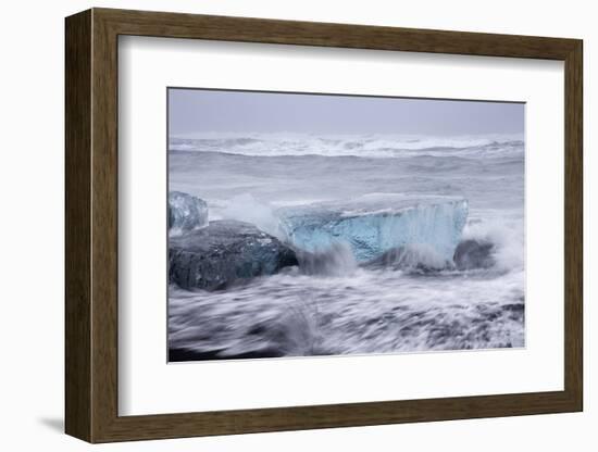 Iceland, Skaftafell National Park, Surf hits glacial ice on a black sand beach.-Ellen Goff-Framed Photographic Print