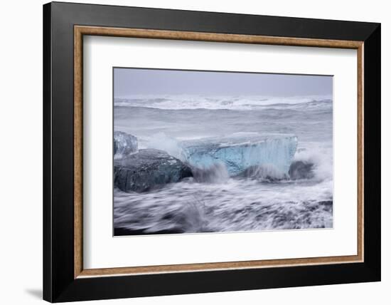 Iceland, Skaftafell National Park, Surf hits glacial ice on a black sand beach.-Ellen Goff-Framed Photographic Print