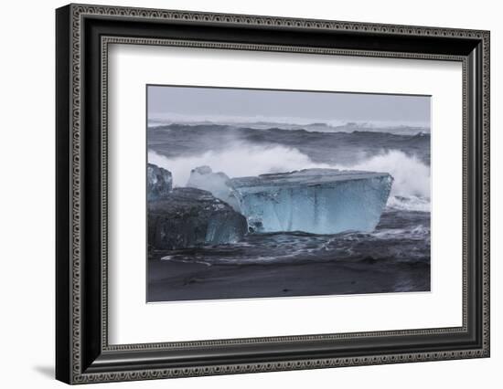 Iceland, Skaftafell National Park, Surf hits glacial ice on a black sand beach.-Ellen Goff-Framed Photographic Print