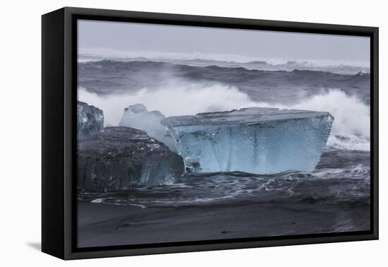 Iceland, Skaftafell National Park, Surf hits glacial ice on a black sand beach.-Ellen Goff-Framed Premier Image Canvas