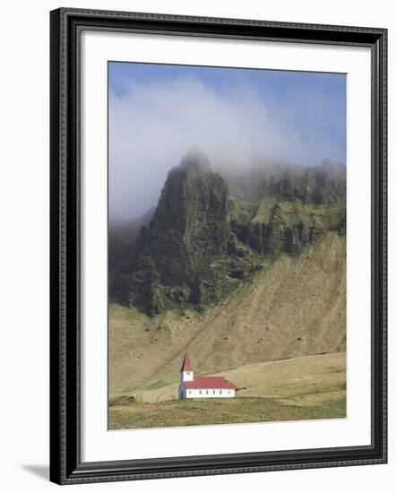 Icelandic Church Dwarfed By Mountains Rising Into Mist, Vik I Myrdal, South Iceland, Iceland-null-Framed Photographic Print