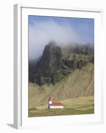 Icelandic Church Dwarfed By Mountains Rising Into Mist, Vik I Myrdal, South Iceland, Iceland-null-Framed Photographic Print