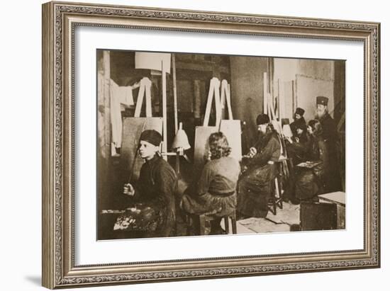 Icon Painting at Valamo Monastery on Lake Ladoga, C.1885 (Sepia Photo)-Russian Photographer-Framed Giclee Print