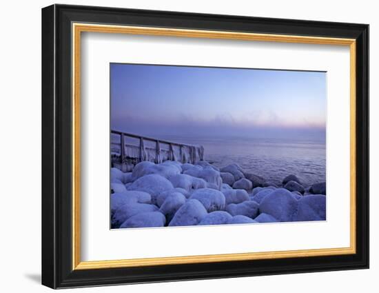 Icy Morning at the LŸbeck Bay in TravemŸnde, Iced Up Stones, Stairs, Morning Mood-Uwe Steffens-Framed Photographic Print