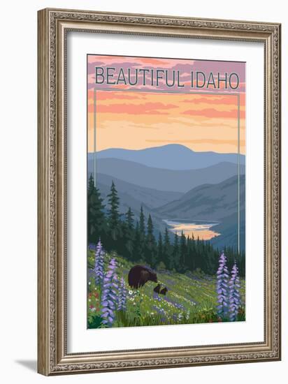 Idaho - Bear and Spring Flowers-Lantern Press-Framed Art Print