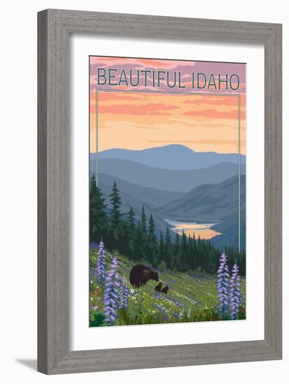 Idaho - Bear and Spring Flowers-Lantern Press-Framed Art Print