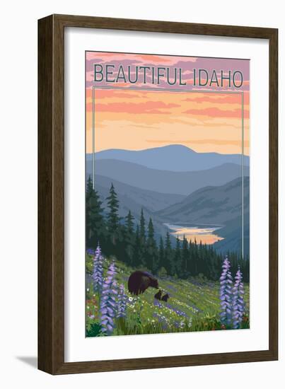 Idaho - Bear and Spring Flowers-Lantern Press-Framed Art Print